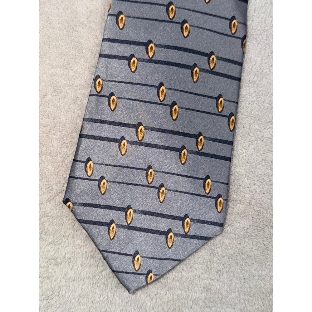 Alexander Lloyd Mens Silk Tie XL Silver Navy Blue Gold Geometric‎ Striped USA